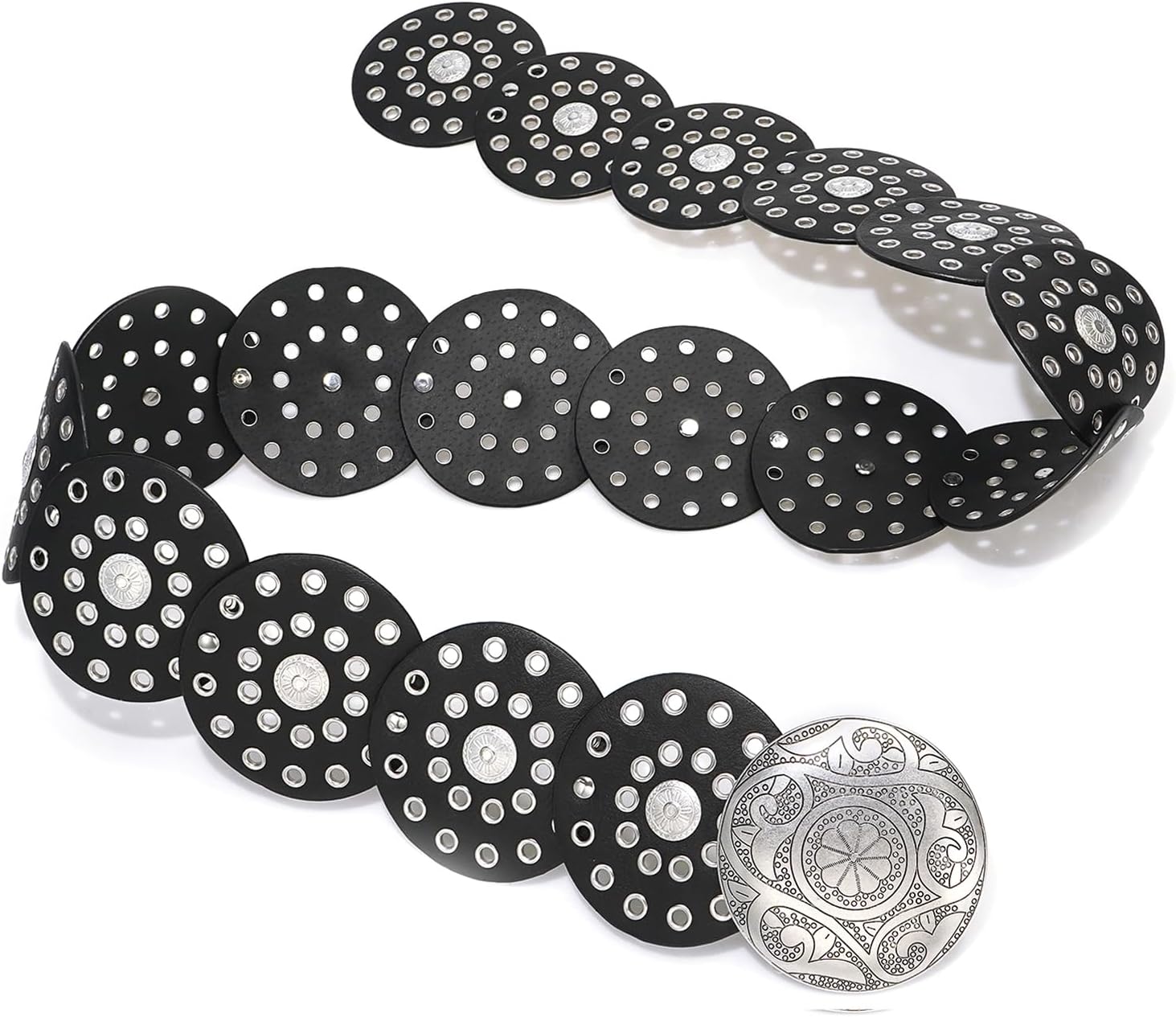 Suyi Wide Disc Belt for Women Leather Hollow Out Round Belts Vintage Western Waist Belt