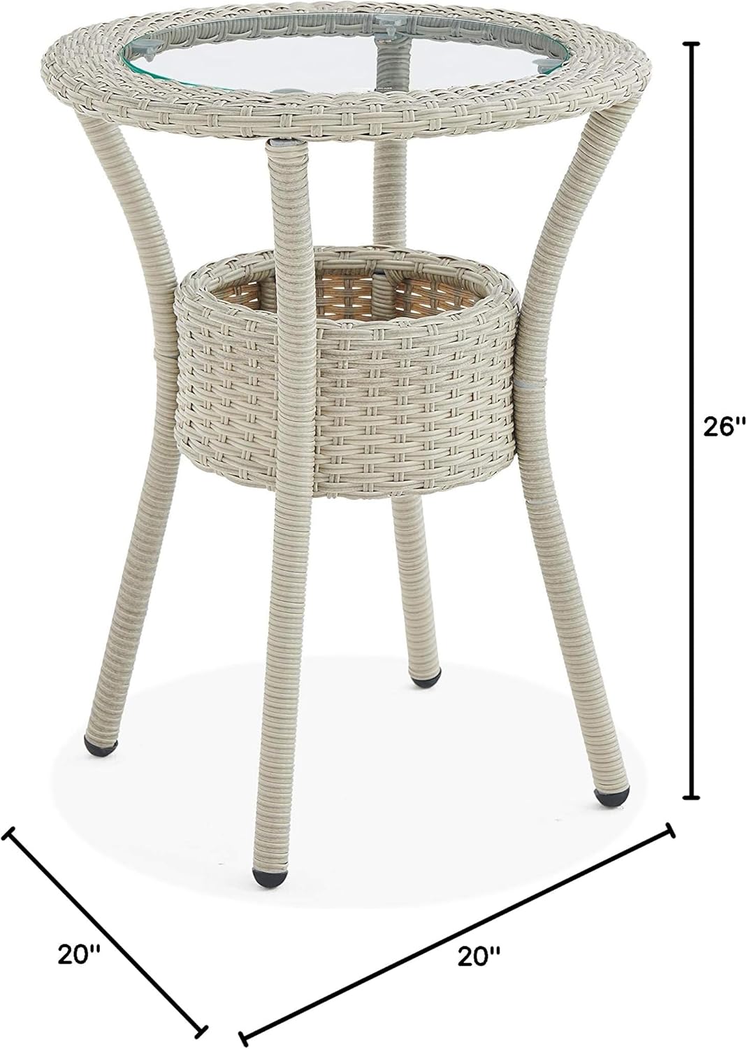 Beige Round Wicker Outdoor Accent Table with Glass Top and Storage