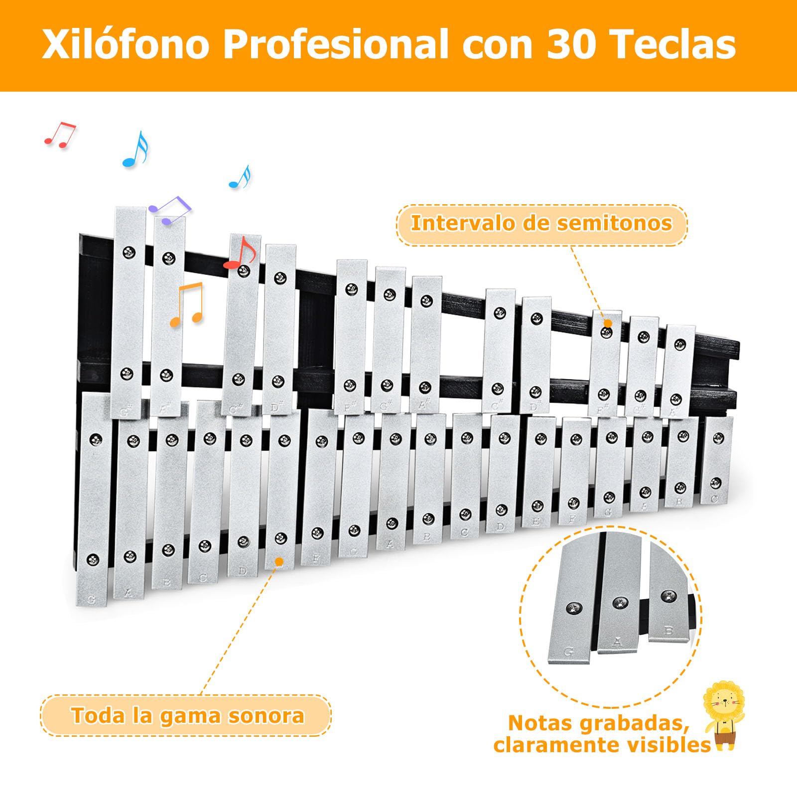 GOPLUS Glockenspiel de 30 Notas Plegable, Xilófono Portátil con 2 Baquetas y Bolsa de Transporte, Instrumento Musical de Percusión con Teclas de Aluminio y Base de Madera, para Niños y Adultos