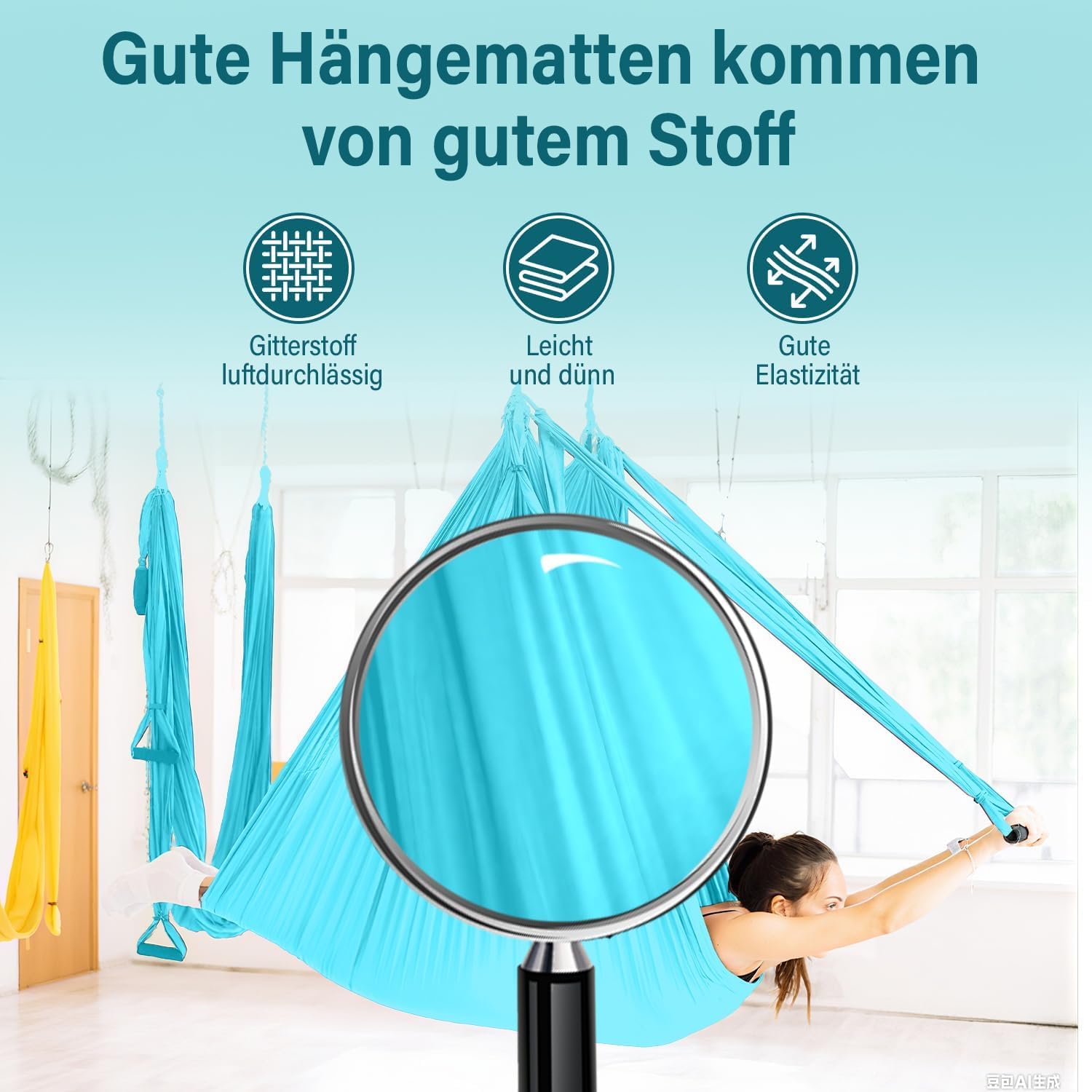 Toalla de yoga profesional – 500 x 200 cm, paño transpirable para yoga en el aire, yoga, swing de yoga, antideslizante, alta capacidad de carga (hasta 300 kg), incluye mosquetón y bolsa de