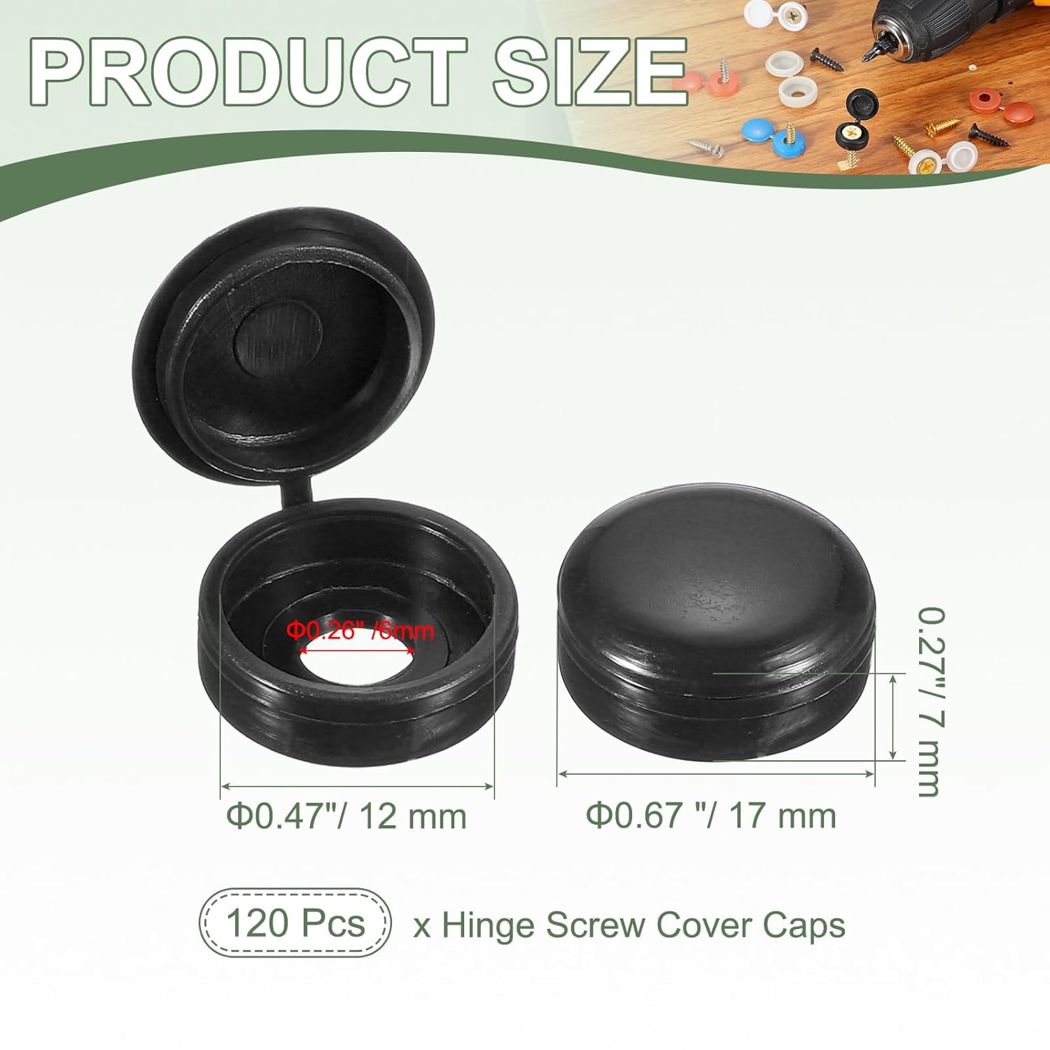 Screw Snap Covers, M6 Plastic Hinged Screw Cover Caps Shutter Screws Fold Snap Washer - Fitting for (Windows/Railings/Home Furniture/Cabinets), 6mm & 120 Pack & Black