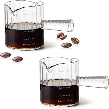 Steviieden Espresso Cups Set of 2, 4 OZ Glass Double Spouts Cups, Shot Glasses, Milk Cup with Glass Handle for Dishwasher Safe, Espresso Accessories for Machine, Demitasse Cups, Small Clear | Double V-Shaped Spouts, Demitasse Cups Shot Glasses, Small Glass Measuring Cup, Espresso Accessories, Machine Dishwasher Safe