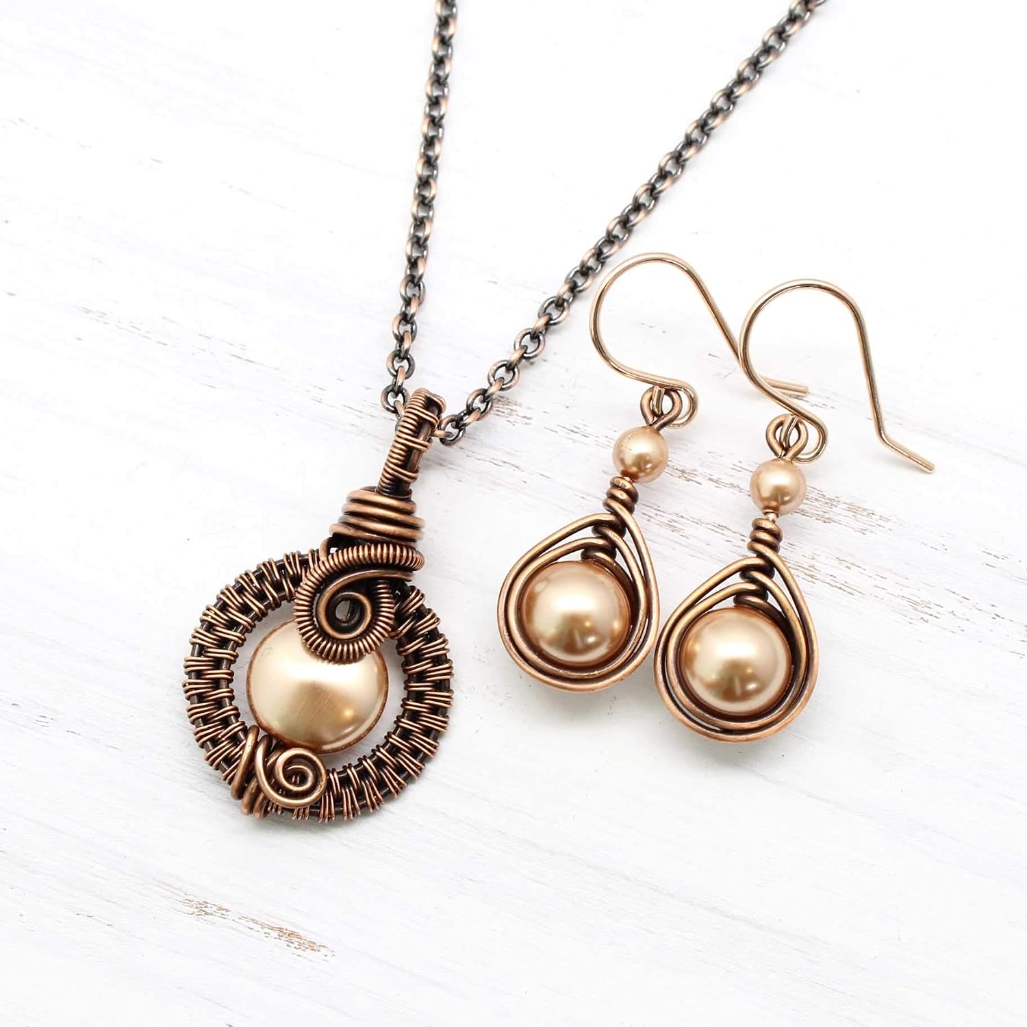 Pillar of Salt Studio Handcrafted Copper Jewelry Set Necklace and Earrings with Simulated Pearls (Rose Gold Tone)