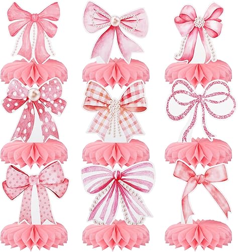 Vista 13 de 12 centros de mesa de nido de abeja con lazo rosa para baby shower, decoración de mesa en 3D para decoración de mesa en baby showers, revelaciones