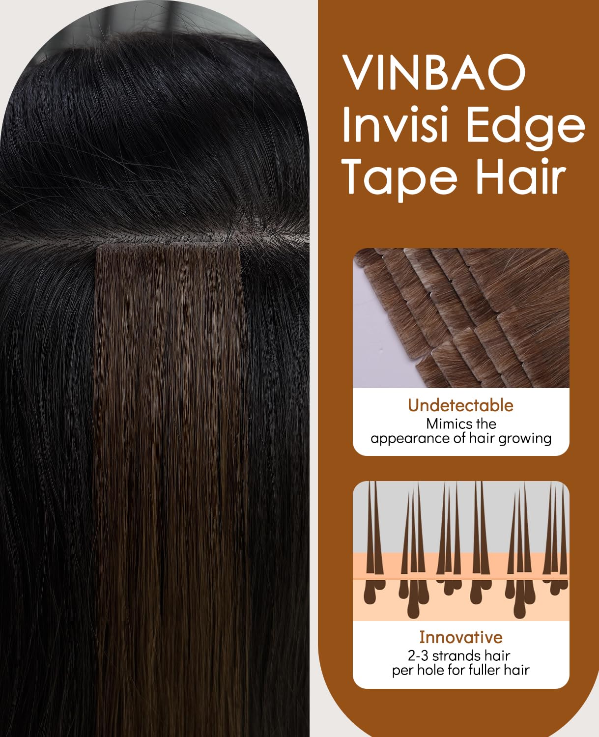 VINBAO Invisi Edge Tape in Extensions Echthaar Dunkelbraun 20 Stück 18 Zoll 50 g Injected Tape in Hair Extensions Pro Unsichtbares Luxus-Remy-Haar Nahtlose Blend 18 Zoll #2