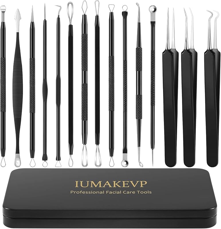 Kit IUMAKEVP com 15 Ferramentas para Cuidados da Pele em Aço Inoxidável e Estojo Metálico Preto