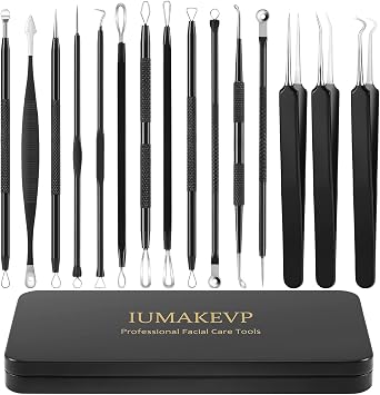 Blackhead Remover Tool Kit, IUMAKEVP 15 PCS Professional Stainless Steel Pimple Popper Comedone Extractor Tools for Removing Pimples, Blackheads, Zit on Face - Acne Removal Kit with Metal Case Black