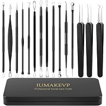 IUMAKEVP Blackhead Remover Comedone Squeezer Set 15 Pieces High-Quality Blackhead Remover Made of Stainless Steel Blackheads and Pimples on the Face Pimple Squeezing Tool with Metal Housing Black