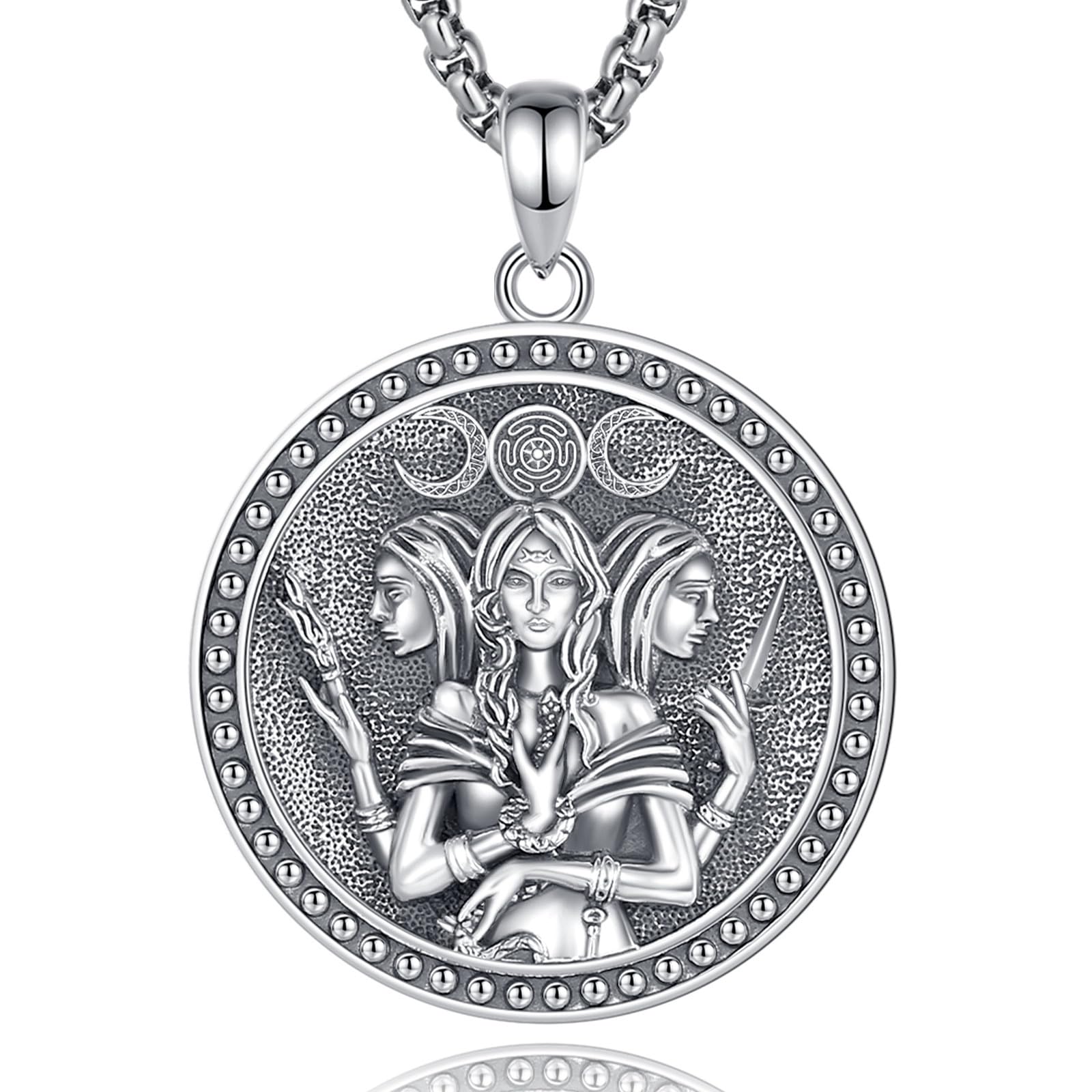 Wiccan and Greek Goddess Necklace for Women Men, 925 Sterling Silver Lilith/Triple Moon/Earth Mother/Chaos Star/Witches Knot/Nyx Goddsess Pendant, Witchcraft Withc Jewelry Gift, 20"/24"