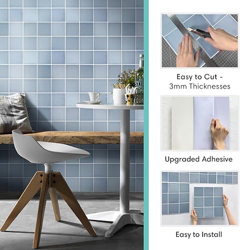 Miniatura 5 de 10 azulejos azules 3D para despegar y pegar de 11.8 x 11.8 pulgadas, cuadrados para despegar y pegar para cocina, azulejos de pared para dormitorio,