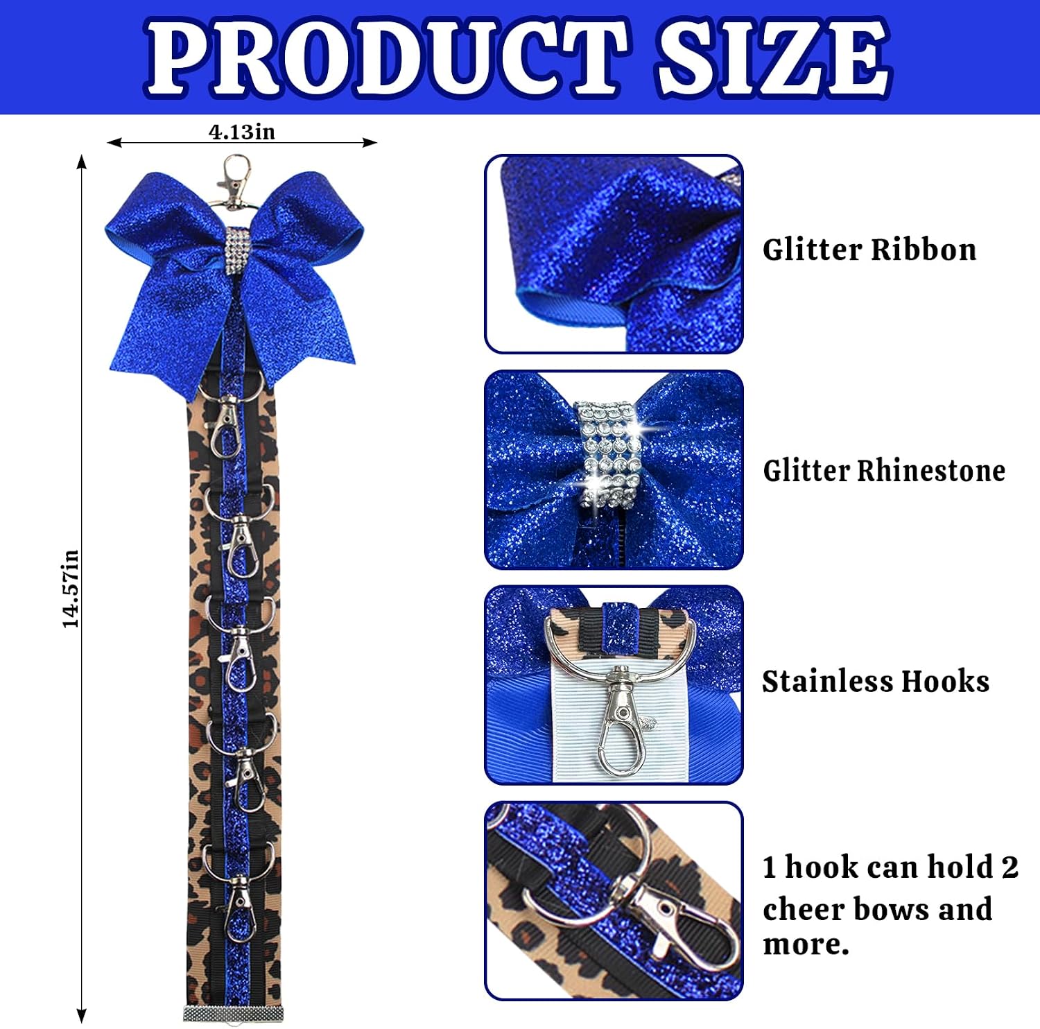 ALIBBON Cheer Bow Holder Glitter Royal Blue Leopard Print Hair Bow Holder Cheer Keychain for Cheerleading Backpack Bag Cheerleader Gifts Sports Cheerleading Bows Storage Hanging Ribbon Chain 5 Clasps