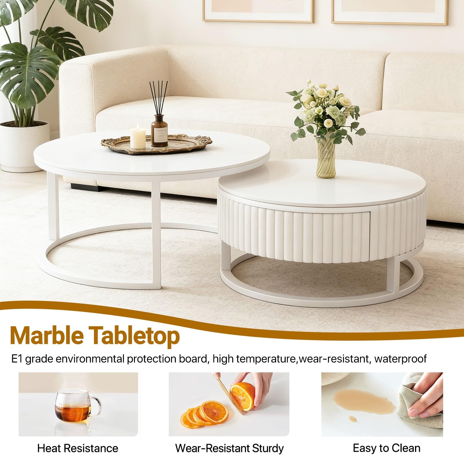 Redonda Mesa De Centro Salón Blanca Mesa Cafe Juego De 2 Mármol Mesita Auxiliar Salón con Cajon 50+70cm Mesas Nido para Salon Dormitorio Oficina con Estructura De Metal Fácil De Montar