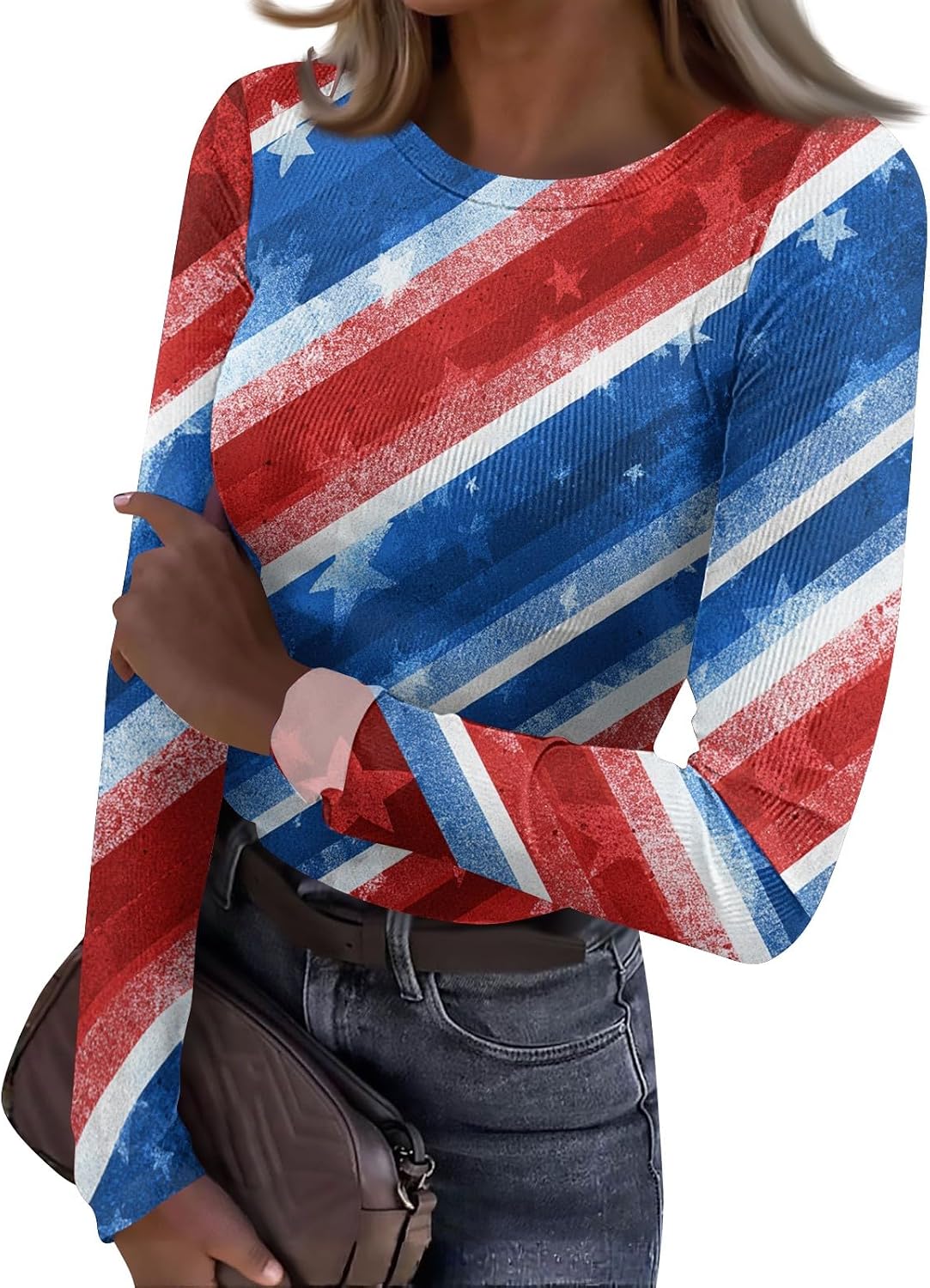 Women's Patriotic Shirts, Long Sleeve Crewneck American Flag T-Shirt, 4Th of July Tees Tops, S-2XL