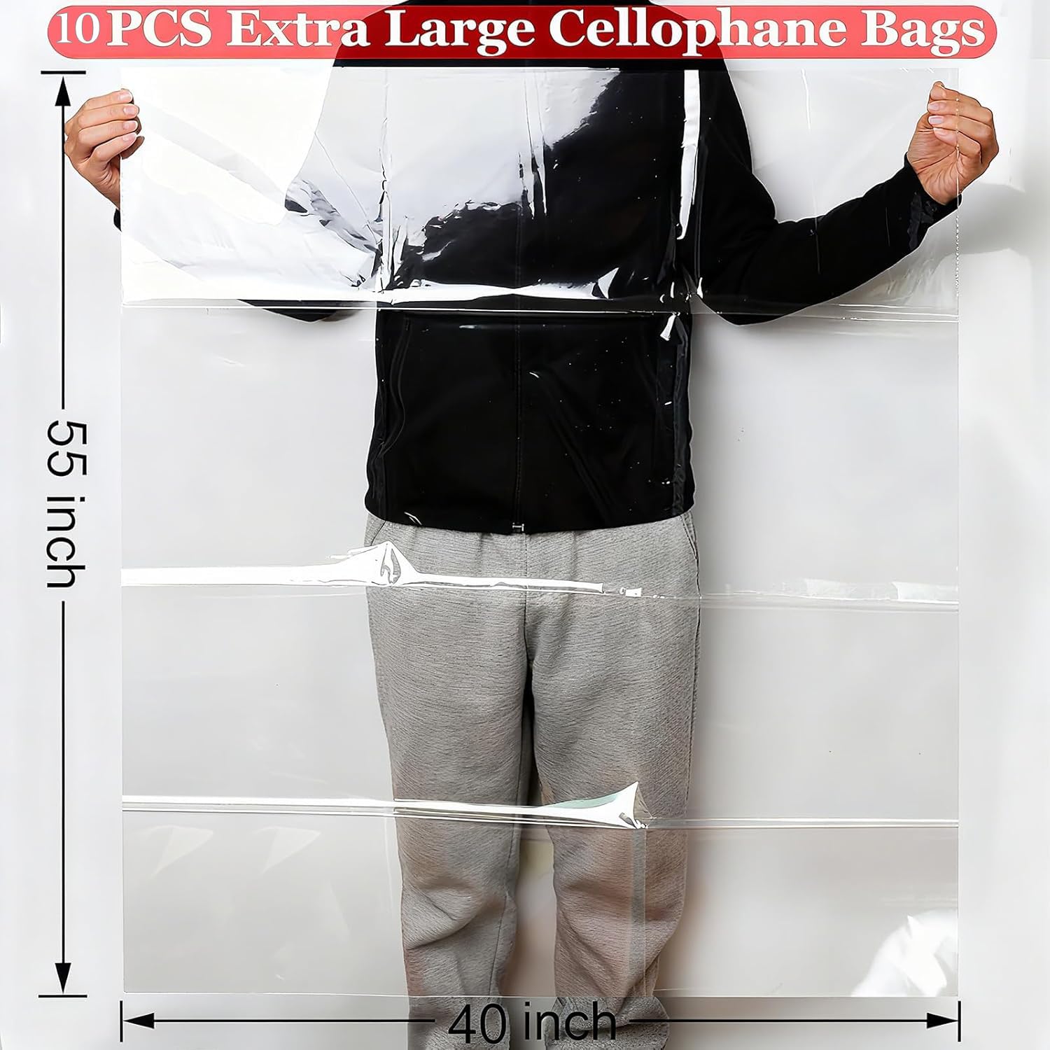 SYOGUA 10 Pack Extra Large Cellophane Bags, 40 x 55 inch, 3 Mil Thicker Clear Gift Bags for Baskets Wrapping Plastic, Jumbo Huge Clear Cellophane Wrap Gift Basket Bag