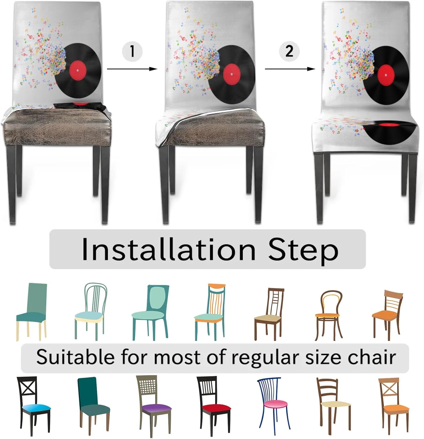QsirBC Color Music Notes Stretch Dining Room Chair Covers Set of 6 Chair Slipcovers Removable Washable Kitchen Seat Covers Chair Protectors for Hotel Party Wedding