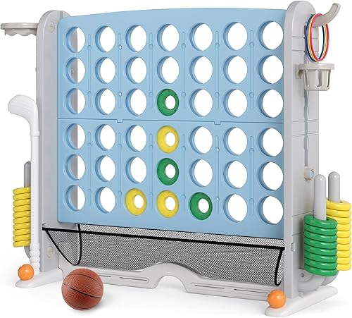 KOTEK Juego gigante de 4 en fila, altura ajustable, juego de patio jumbo de 4 en puntuación con lanzamiento de anillo, baloncesto, golf, bolsillo de