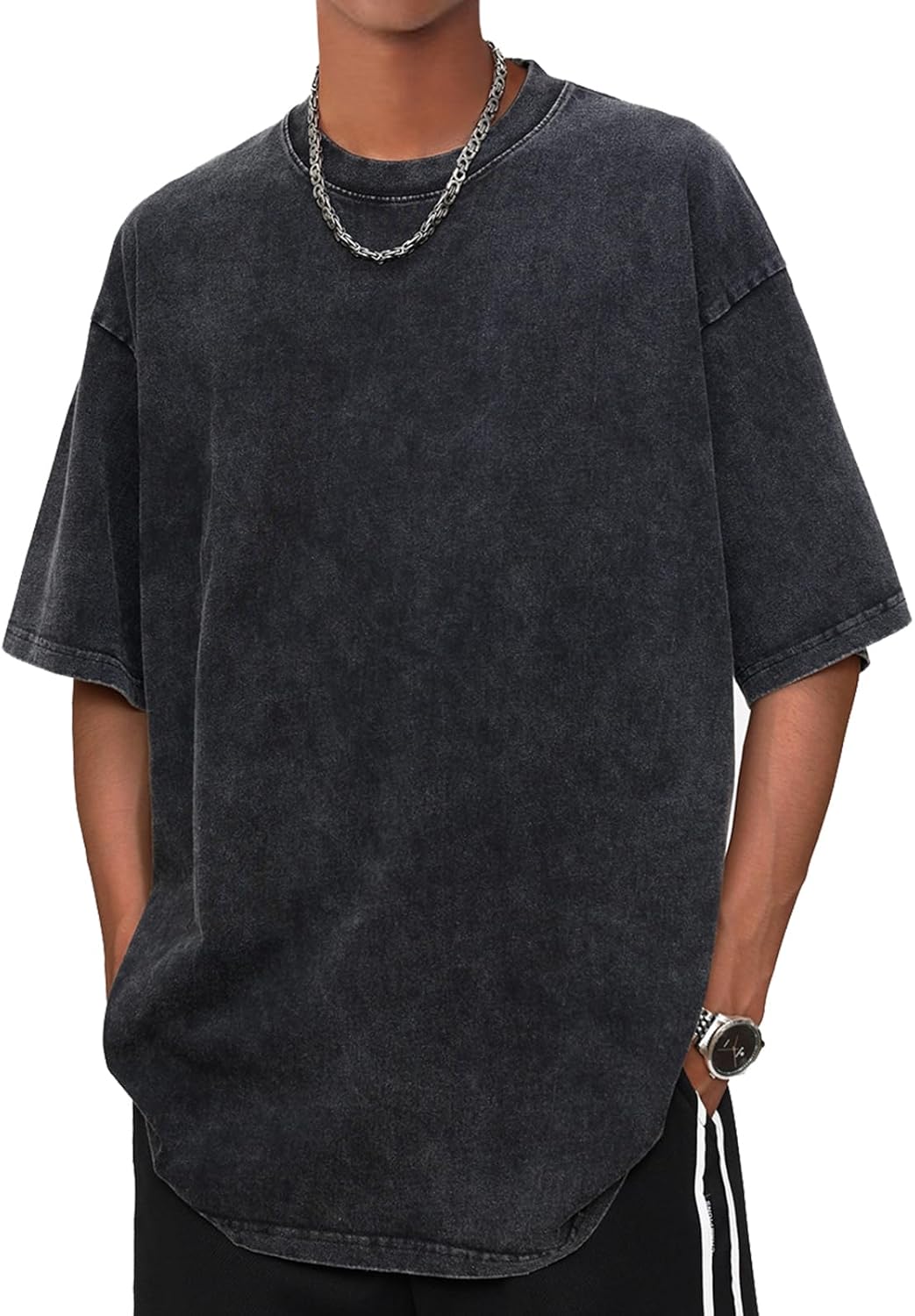 Aelfric Eden Mens Oversized Vintage T Shirts Acid Wash Cotton Solid Tee Shirt Drop Shoulder Streetwear Basic Tees Tops A-Black