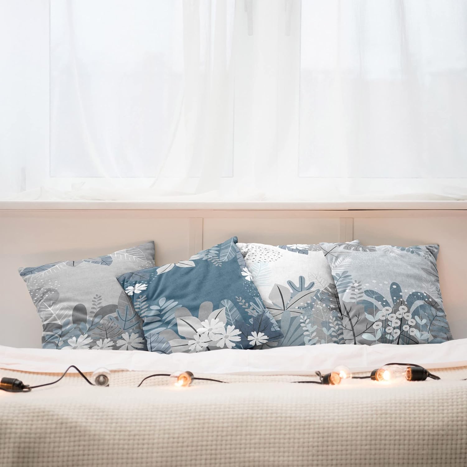 Ambesonne Botanic Throw Pillow Cushion Case Pack of 4, Autumn Foliage Big Exotic Leaves Daisy Flower Foliage of Forest Artwork, Modern Accent Double-Sided Digital Printing, 18", Pale Purpleblue White