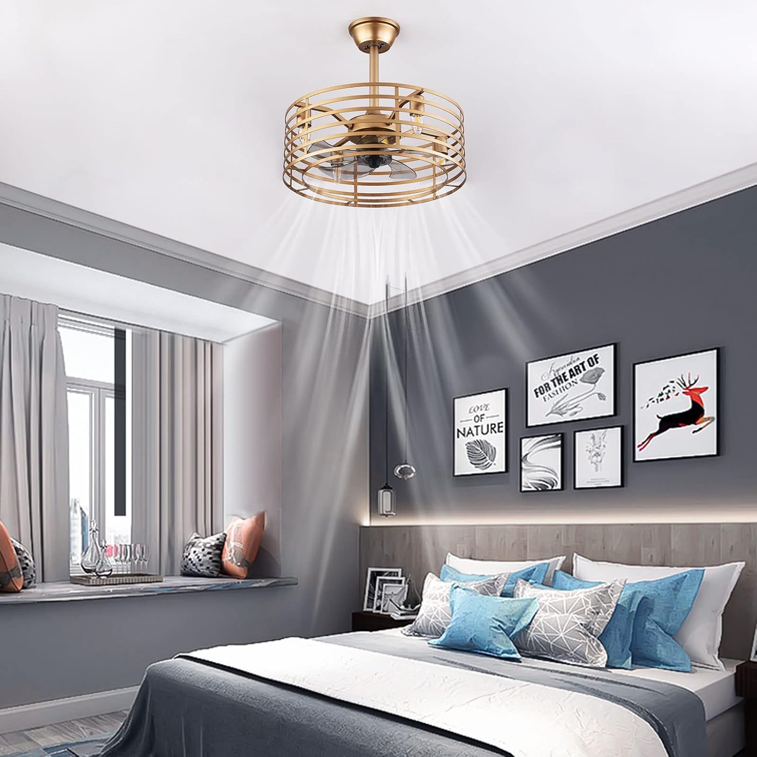 20 Inch Retro Metal Caged Enclosed Industrial Ceiling Fan Lights 3 Speeds Adjustable W/Remote Control 40W Flush Mount Gold Farmhouse Classic Chandelier Lamp