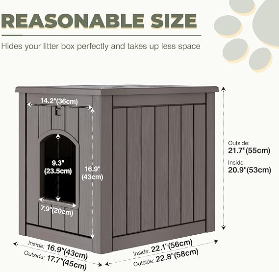 Cat Litter Box Enclosure, Openable Front Door Outdoor Enclosed Cat Litter Box, Outdoor Cat House Weatherproof Raised Floor, Easy to Clean, Grey