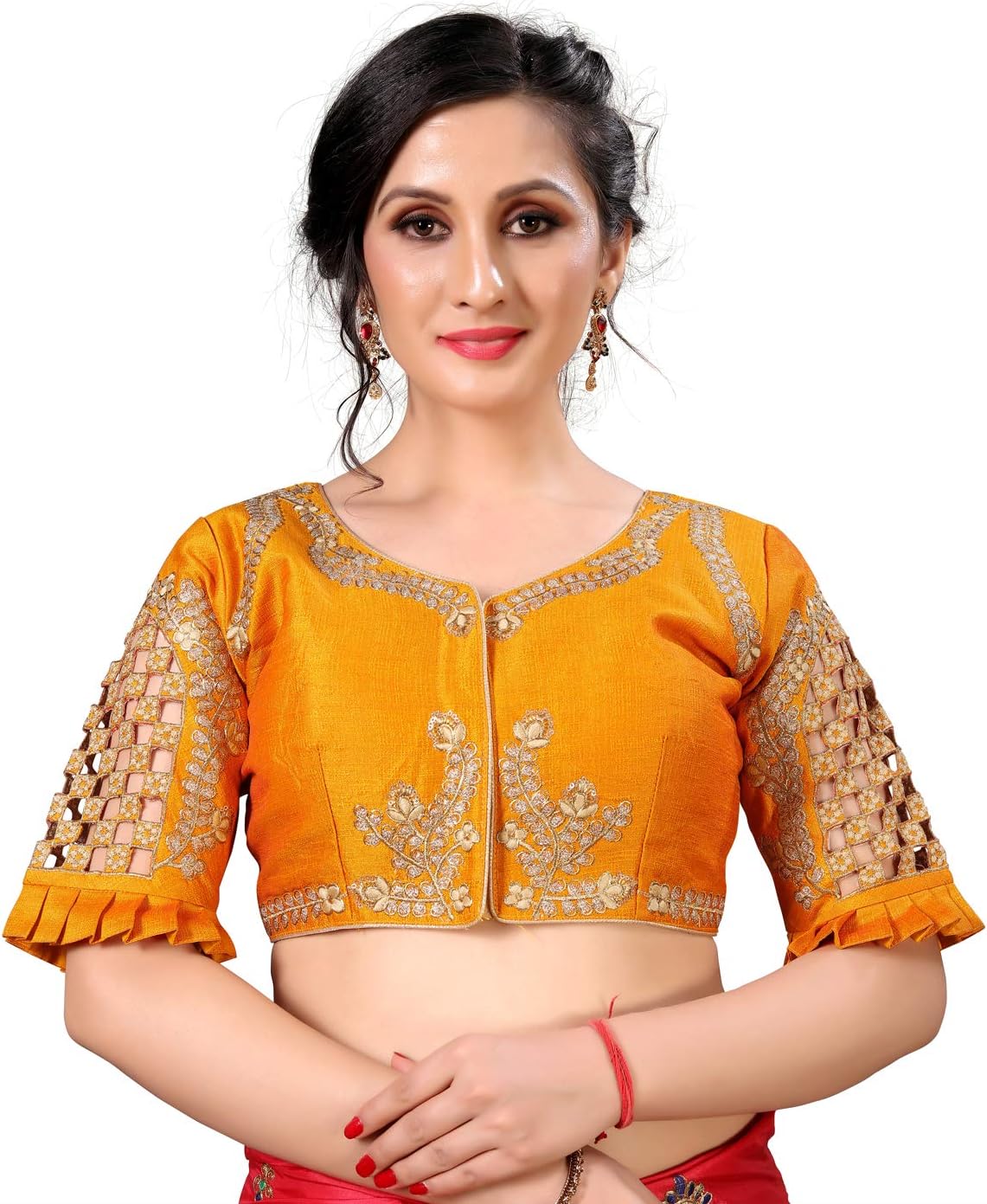 FAB DADU Women's Orange Phantom Silk Blouse with Round Neck