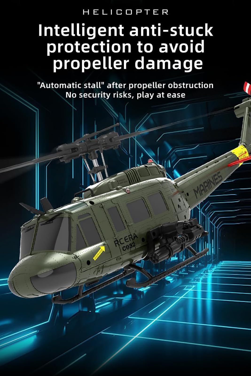 C032 Śmigłowiec UH-1 RC dla dorosłych, bezszczotkowy helikopter RC w skali 1/48 2.4G 6CH, 6-osiowy żyroskopowy model samolotu z optycznym pozycjonowaniem przepływu,2 Battery