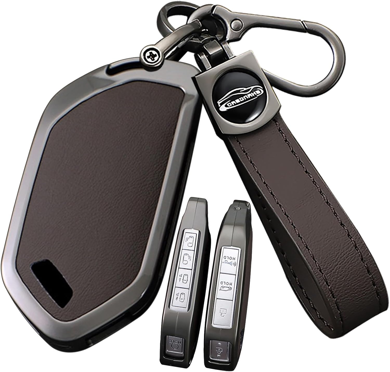 SANRILY Metal & Leather 5/6/7/8 Button Smart Key Fob Cover Case Compatible with Kia Seltos 2024 Telluride EV9 Picanto Sorento All New K5 2023 Keyless with Leather Keychain Brown