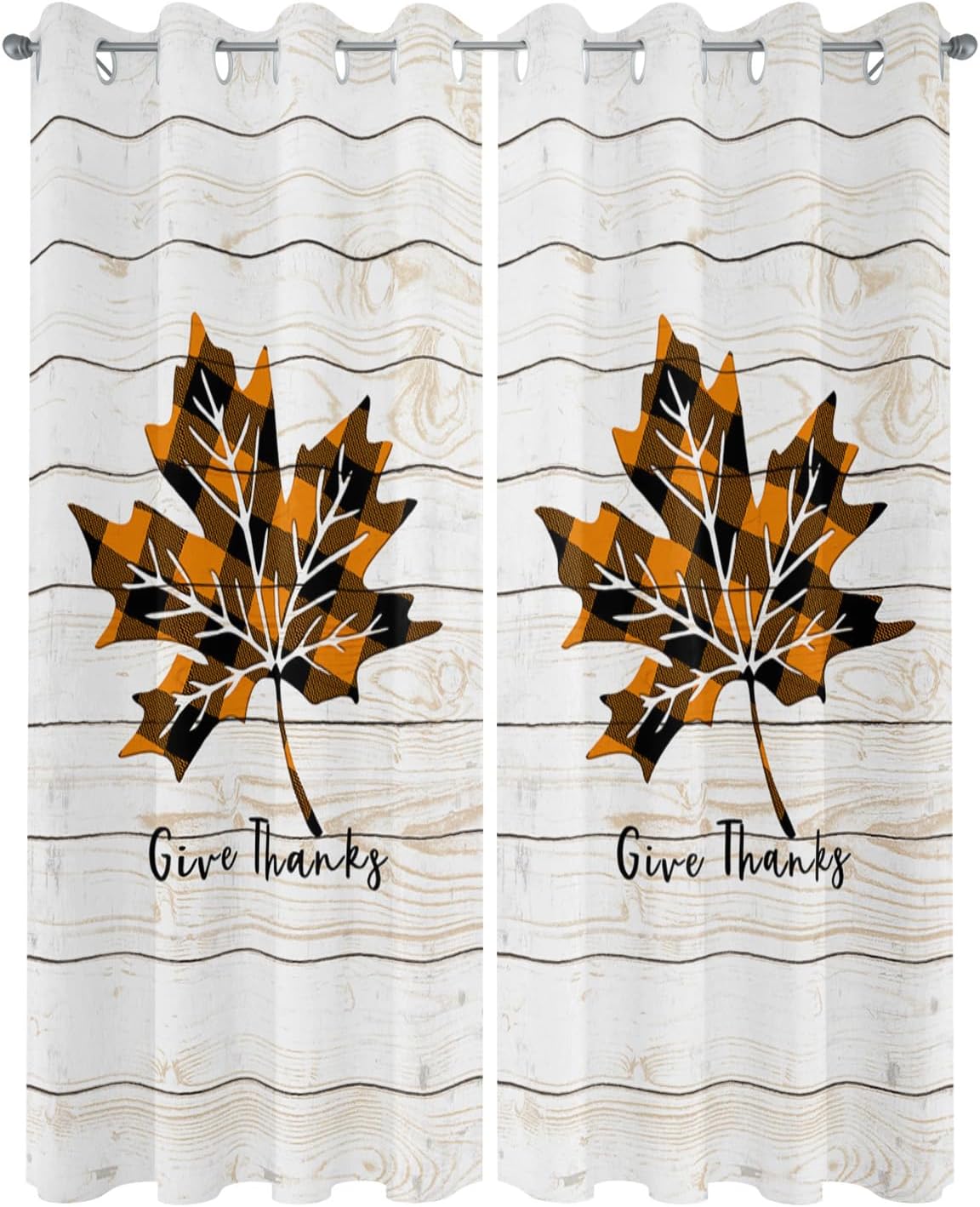 Outdoor Curtains for Patio 2 Panels Set Thanksgiving Autumn Orange Buffalo Plaid Pumpkin Leaves Waterproof Privacy Outside Curtain Sun Blocking Grommet Drapes for Porch Gazebo Pergolas 52"x108"