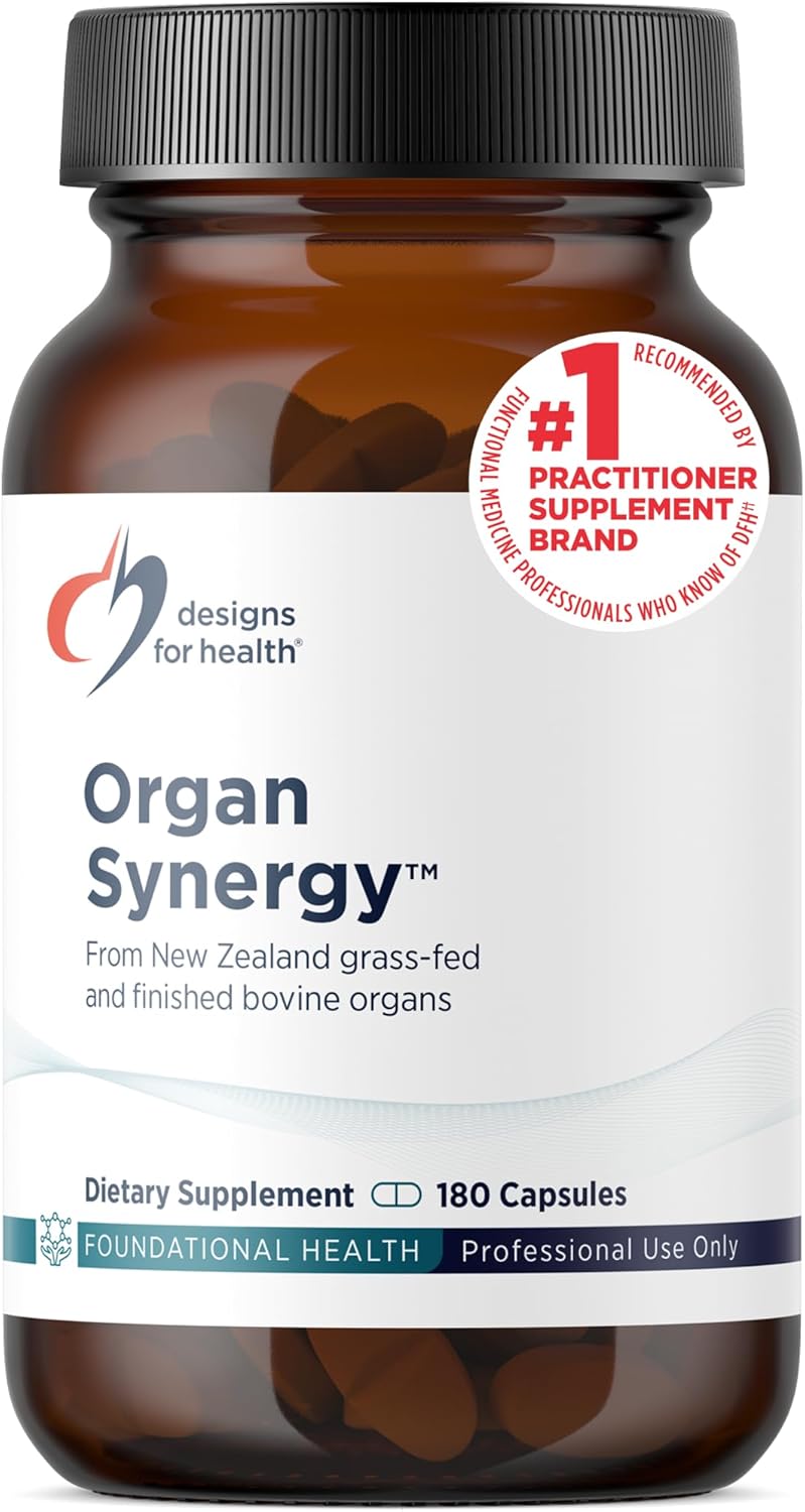 Designs for Health Organ Synergy - Bovine Organ Supplements - 100% GrassFed Beef Organs with Liver, Heart, Pancreas, Kidney + Spleen (180 Capsules / 30 Servings)