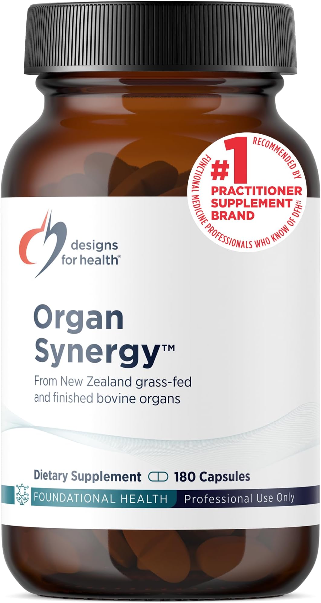 Designs for Health Organ Synergy - Bovine Organ Supplements - 100% GrassFed Beef Organs with Liver, Heart, Pancreas, Kidney + Spleen (180 Capsules / 30 Servings)