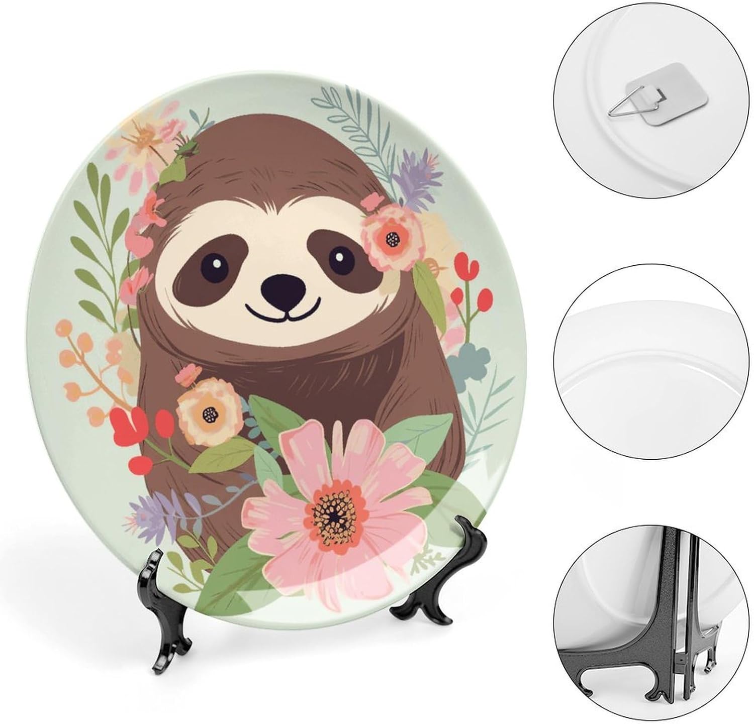 Sloth And Flowers Decorative Plates for Display Custom Decorative Ceramic Plate With Stand Personalized Hanging Art Wall Decor for Living Room Hallway Table Shelf Decor