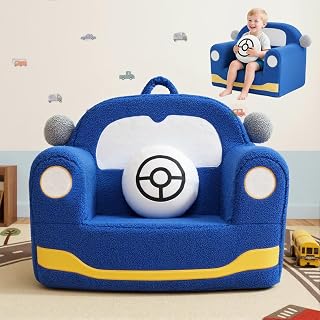 OUOZZZ Car-Shaped Toddler Chair Ages 1-6: Soft Sherpa Kids Sofa with Book Pocket & Carry Handle for Playroom Fun