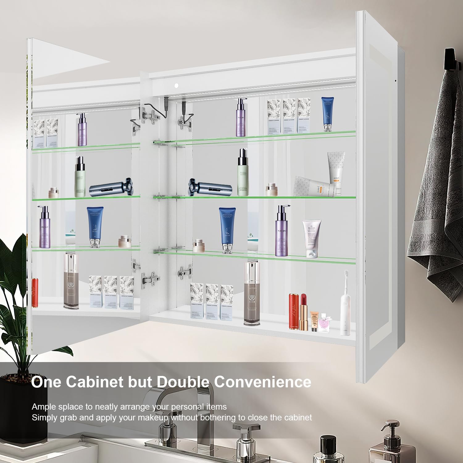 Lighted Bathroom Medicine Cabinet With Mirror 36 x 30'' Recessed or Surface Wall Mounted Medicine Cabinet With Lights, Defog, Stepless Dimming,3 Color Temper LED Vanity Mirror Storage Shelves White image 5