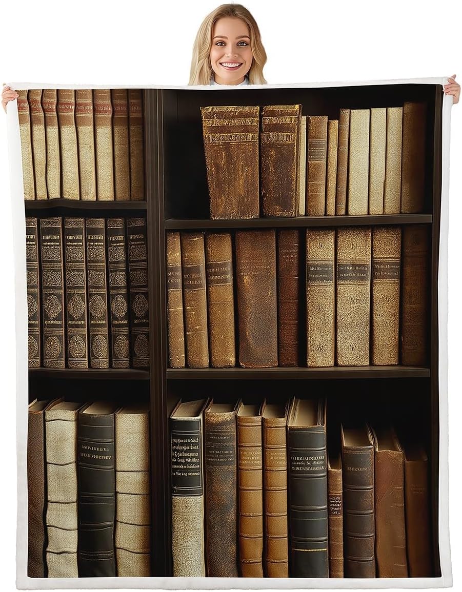 Erosebridal Vintage Library Throw Blanket for Couch, Retro Bookshelf Sherpa Blanket, Literary Books Themed, Book Lovers Gifts, Old Fashion Decoratives