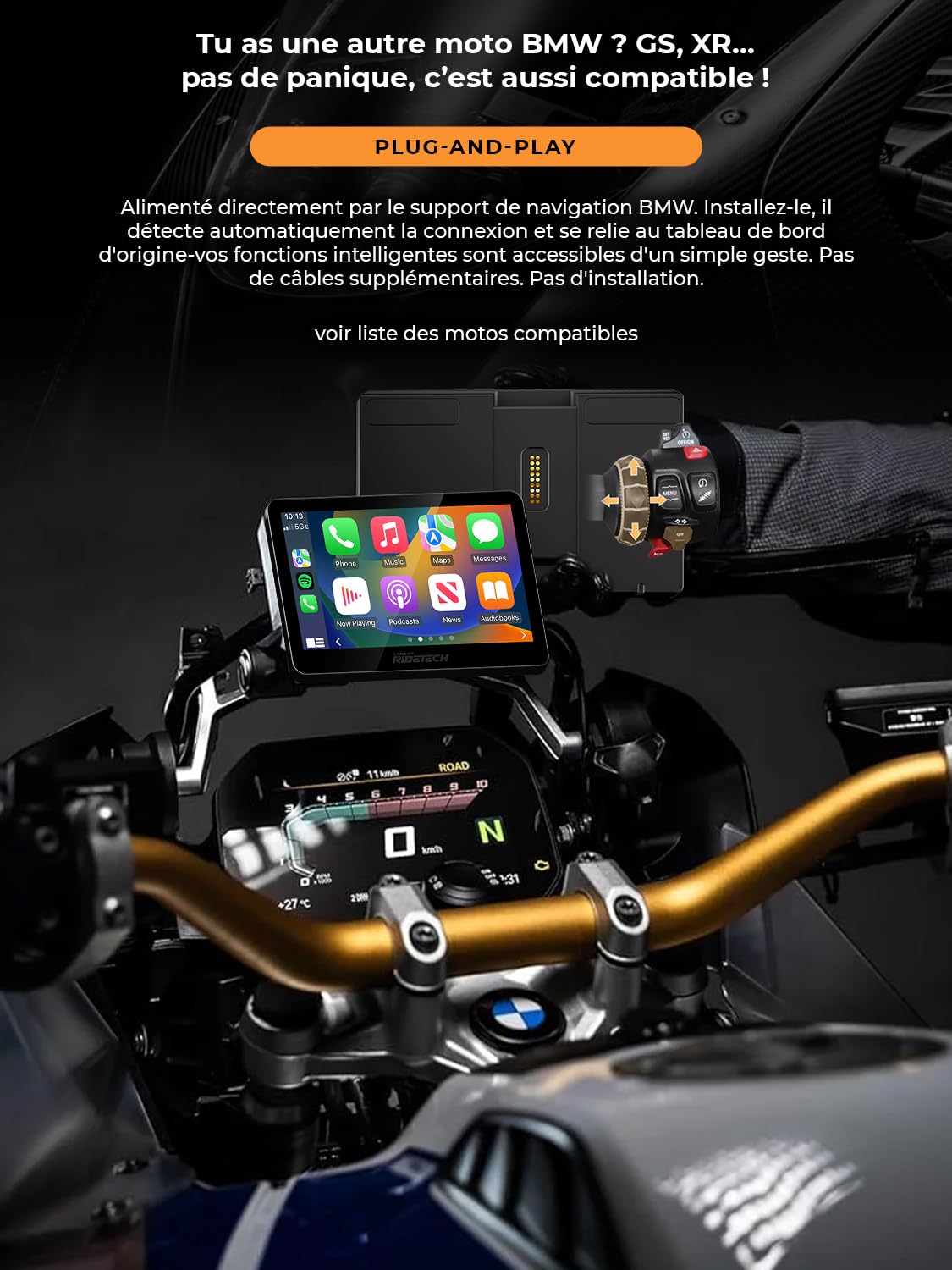 Kraft 5 - Écran Carplay pour Motos BMW RT/K16, CarPlay et Android Auto, Plug & Play | Plug and Play, écran tactile étanche, navigation GPS