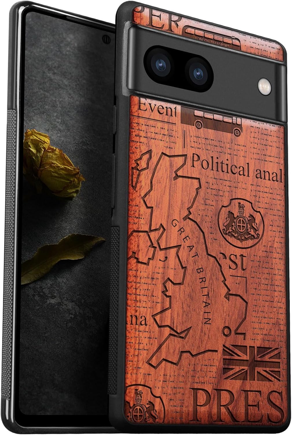 Carveit Wood Case for Pixel 8 Case [Natural Wood & Black Soft TPU] Shockproof Protective Unique Wooden Cover Compatible with Google Pixel 8 (Britain and Union Jack-Rosy)