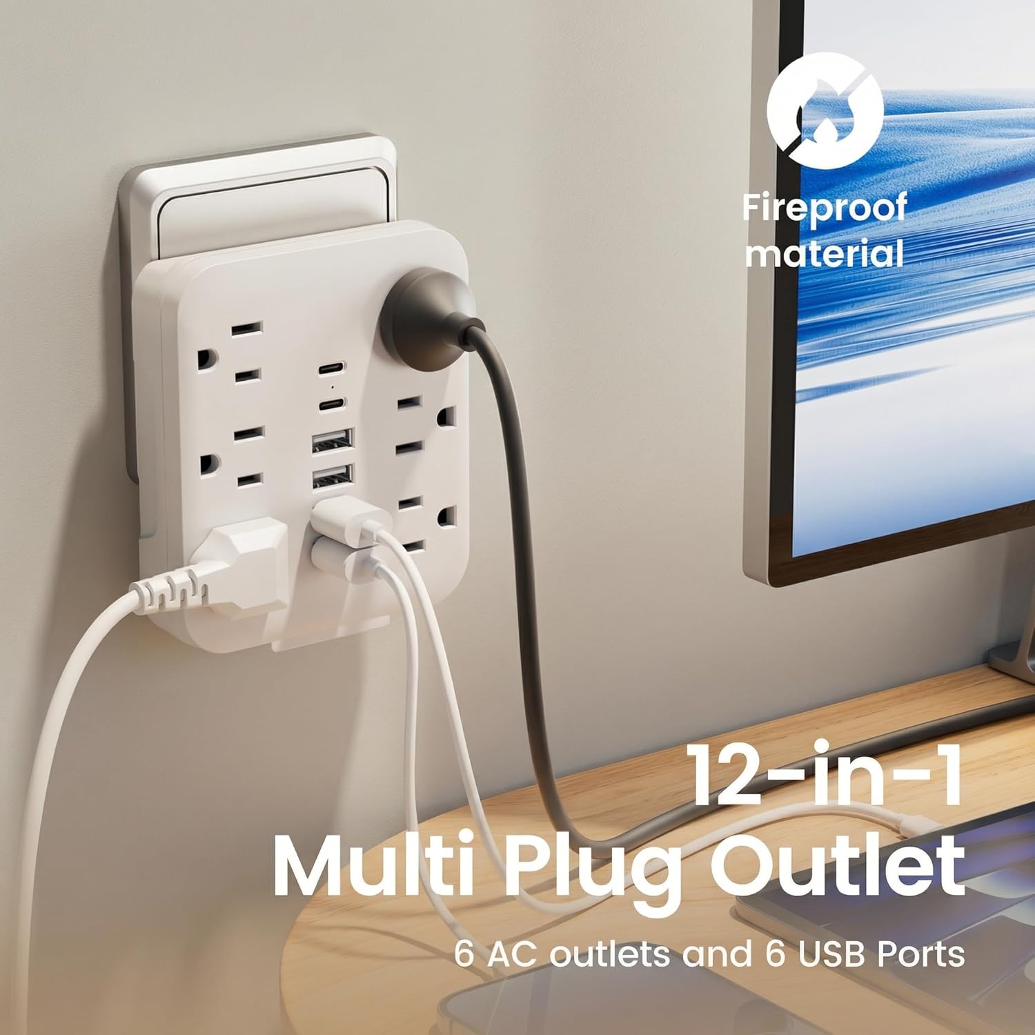Multi Outlet Wall Plug with USB Ports, Wall Outlet Extender with 6 AC Outlets and 6 USB Ports (2 USB C), Power Strip Plug Adapter, Outlet Splitter, USB Wall Charger for Home, Office, Travel