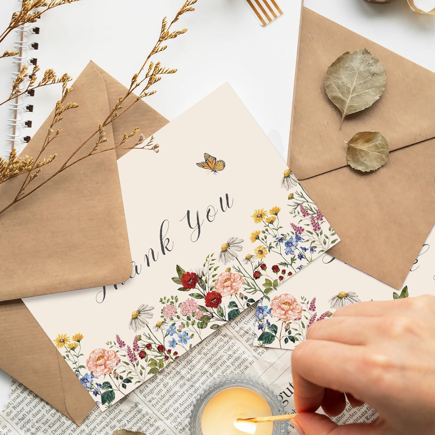 JarThenaAMCS 100 Pack Vintage Wildflower Thank You Cards Flower Greeting Cards Spring Blank Note Cards with Kraft Envelope Sticker for Birthday Wedding Baby Shower Bridal Shower, 4 x 6 Inch