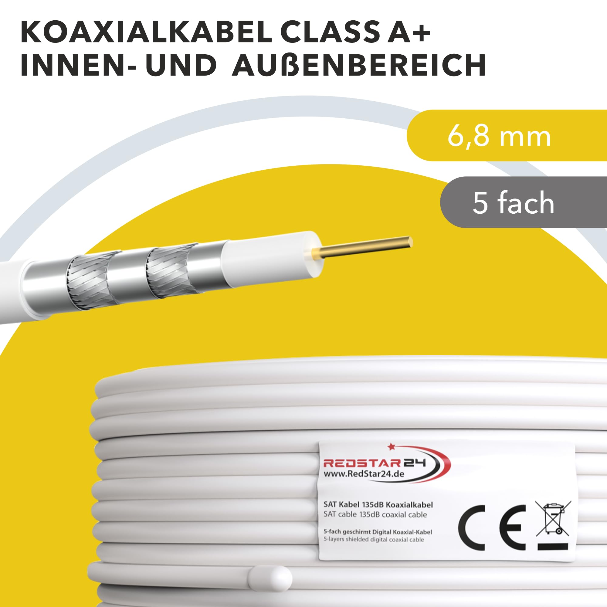 RedStar24 Cavo Coassiale SAT 100m 135dB Digitale | Classe A+ | Schermatura a 5 Strati per Ultra HD 4K DVB-S/S2, DVB-C/C2, DVB-T | Cavo Antenna Coassiale | 10 Connettori F | Bianco 100 Metri