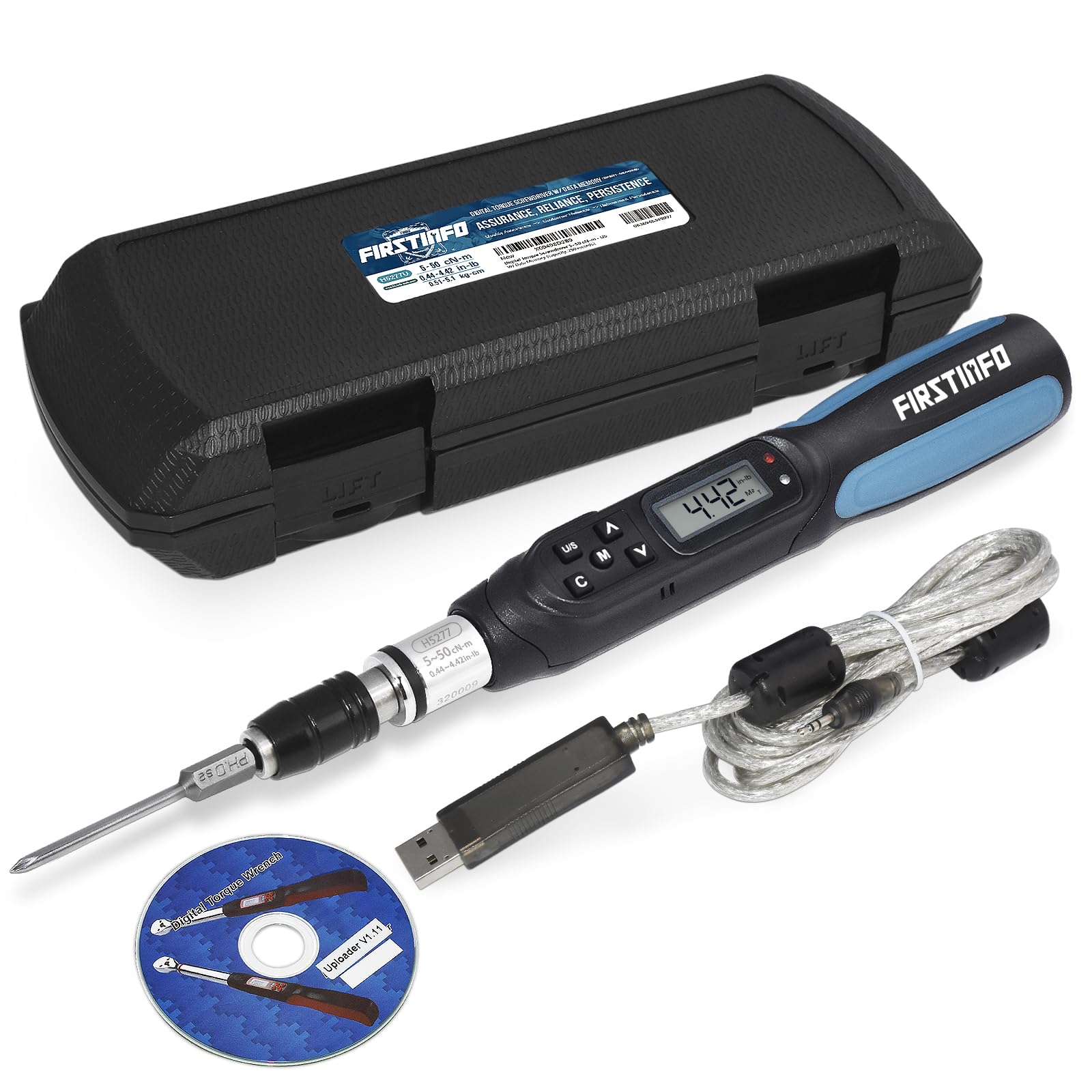 FIRSTINFO H5277U Digital Torque Screwdriver, Dual Direction 0.44-4.42 in-lbs. / 5-50 cN-m / 0.51-5.1 kg-cm, with 250 Data Memory, LED and Buzzer Notification, Preset Memory
