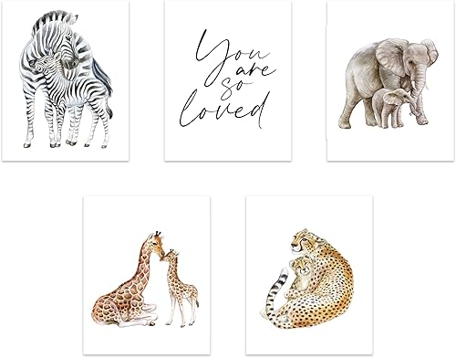 L&O Goods - Pósteres de decoración de guardería de animales para mamá y bebé, juego de 5 impresiones de decoración de habitación de bebé, decoración