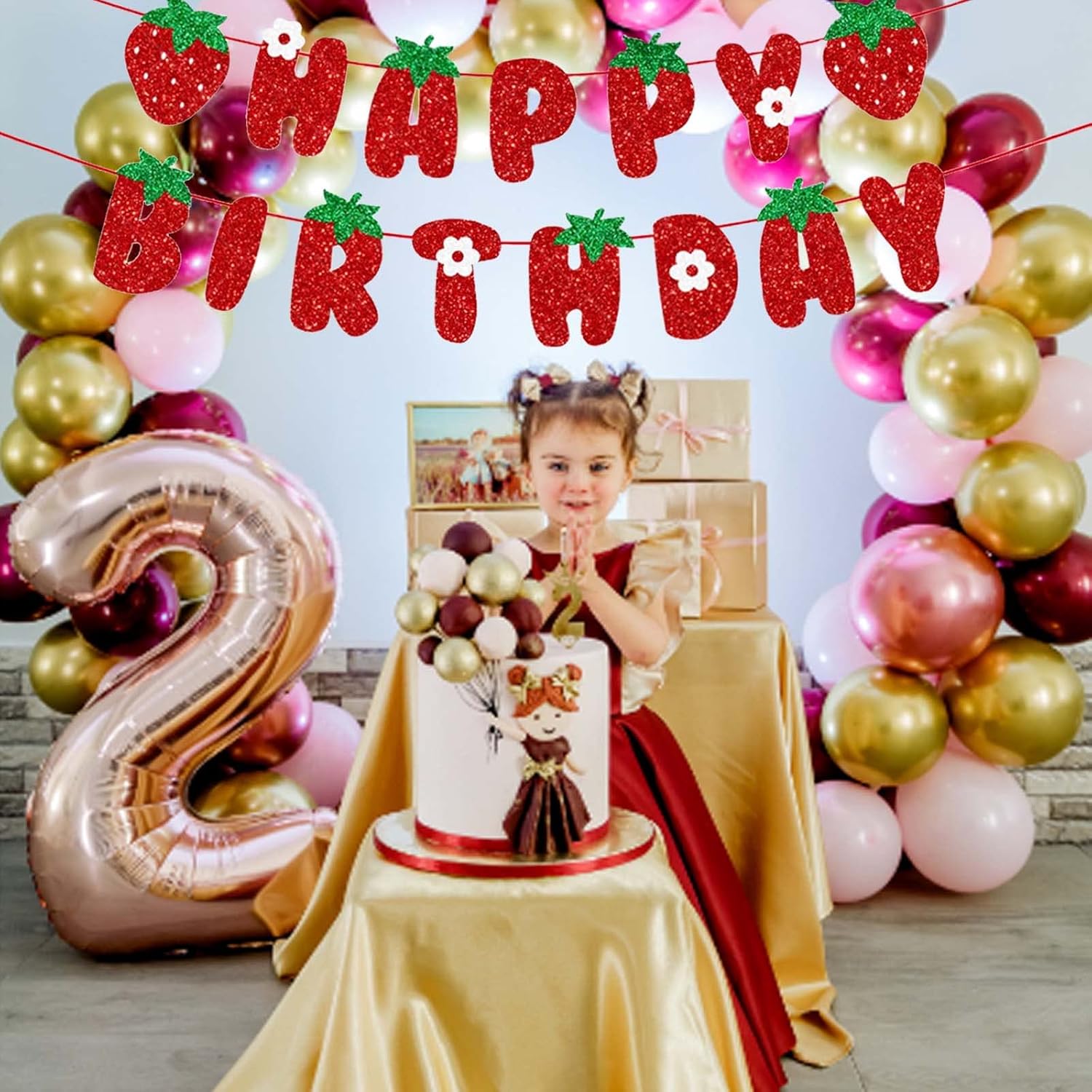 Strawberry Happy Birthday Banner, Glitter Strawberry Banner, Strawberry Theme Birthday Garland for Birthday Party Hanging Decorations - Image 5