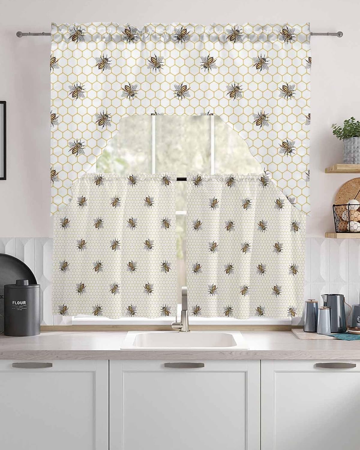 Spring Bee Swag Kitchen Curtain Sets with Valance, 3 Pieces Rod Pocket Curtain Drapes for Bedroom Living Room Bathroom Cafe Windows, Geometric Honey Plaid Comb 56''x36'' & 24''x27.5''x2Panels