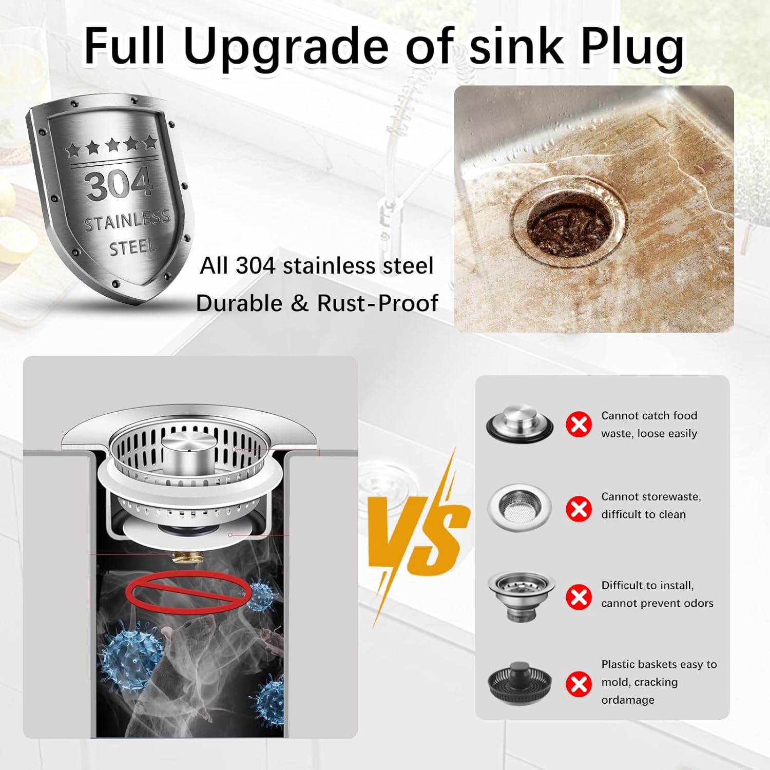 3 in 1 Kitchen Sink Drain Strainer and Stopper Combo, 2 Pack 304 Stainless Steel Pop-up Sink Stopper, Anti-Clog Kitchen Sink Bounce Core Strainer Basket Filter for US Standard 3-1/2'' in Drain