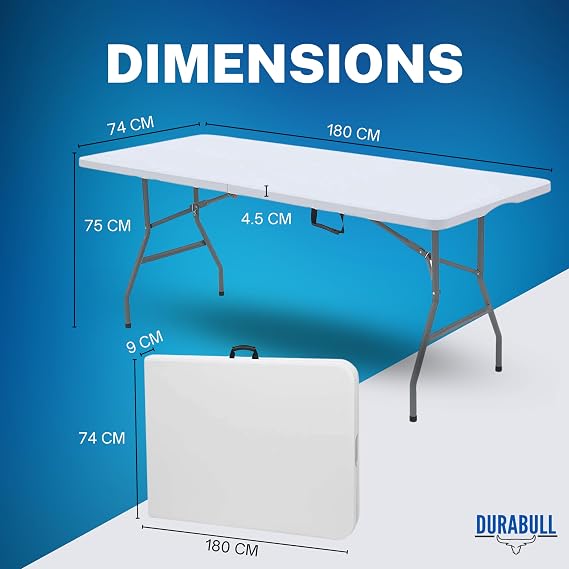 6ft Plastic Folding Trestle Table - Sturdy Indoor & Outdoor Solution for All Occasions - 150kg Capacity- Easy Setup, Folds in Half for Compact Storage, Portable with Carry Handle