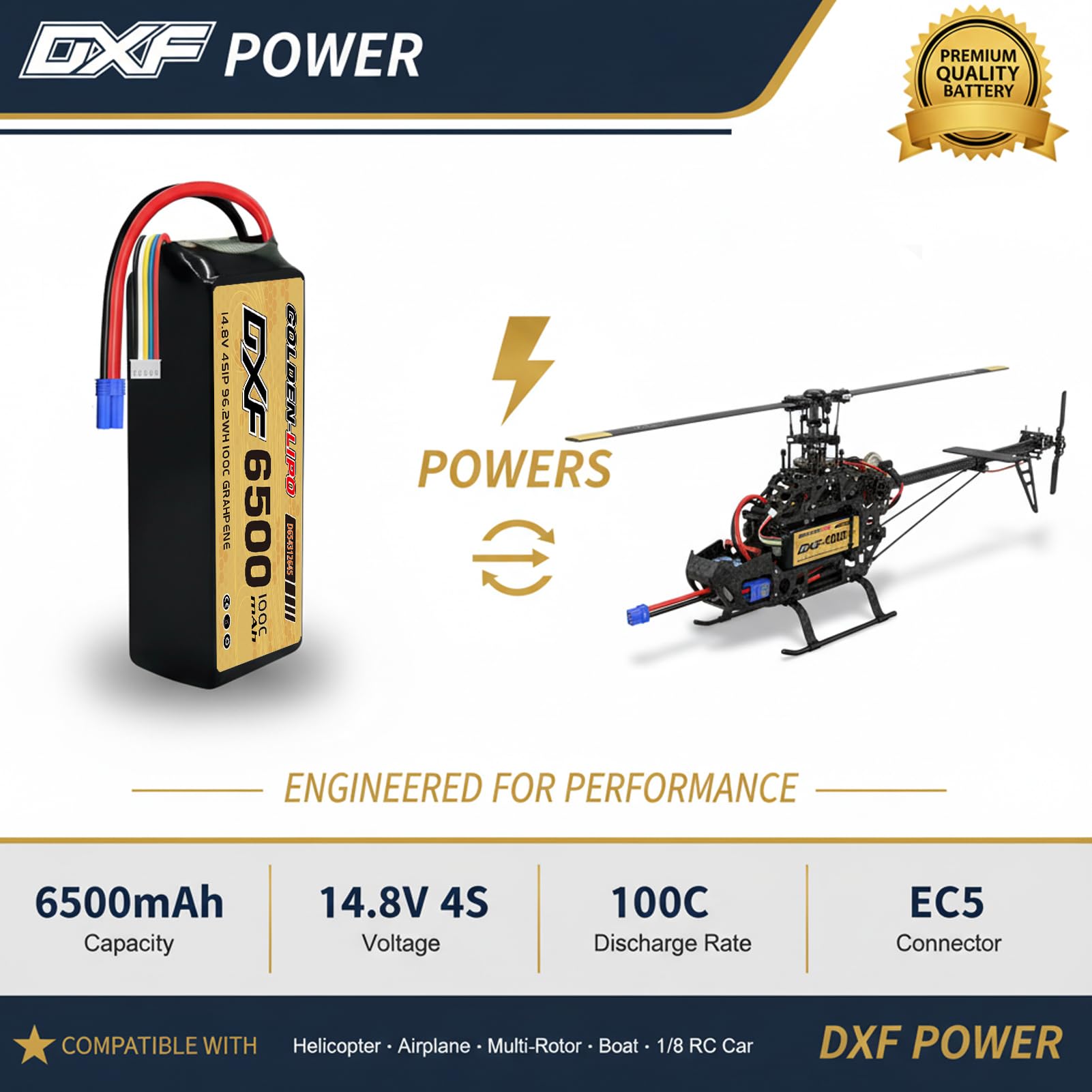 DXF Lot de 2 batteries Lipo 4S - 14,8 V - 6500 mAh - 100 C - Boîtier rigide avec fiche EC5 - Pour Buggy Truggy Crawler Monster Car Boat Racing Drone UAV FPV Hobby