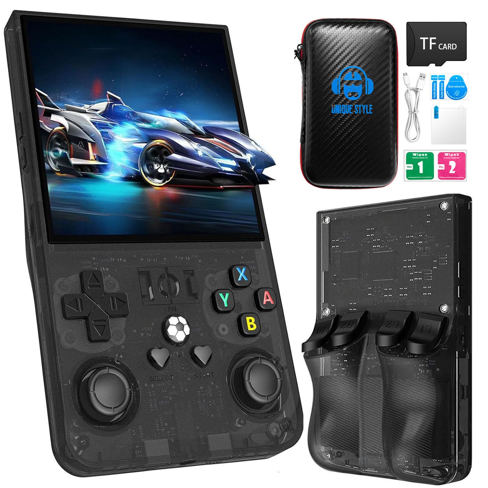 - R36MAX Retro Handheld Game Console, 4.0 Inch 720x720 IPS Screen, Built-in 18000+ Classic Game,4000mAh Battery Portable Retro Gaming Console (T-Black, 64GB)