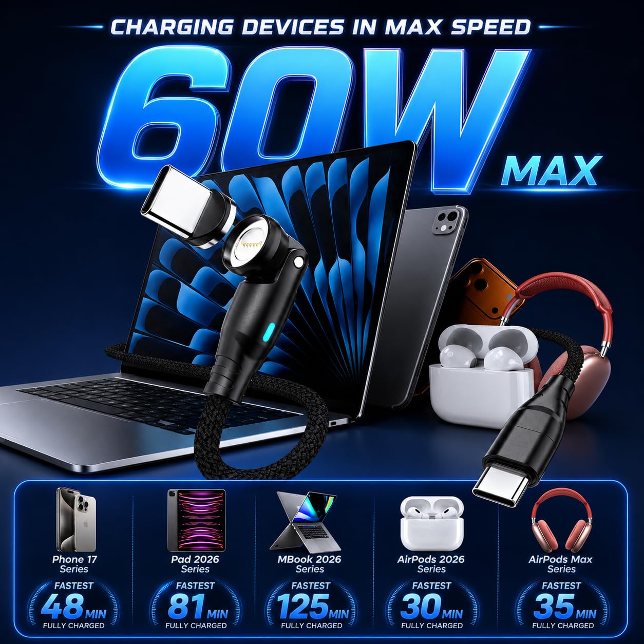 Magnetic USB C Charging Cable 60W, C to C Magnetic Phone Charger Cable image 5