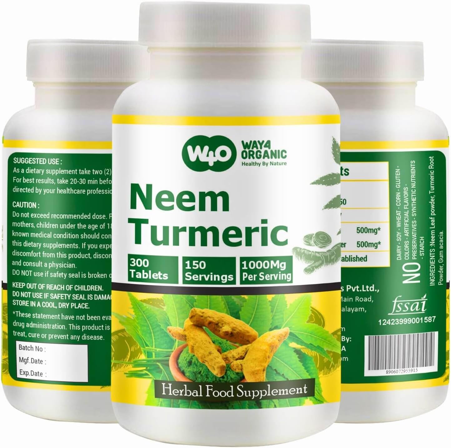 Neem Turmeric Capsules(Tablets) - High-Potency Azadirachta Indica Tablets, Neem Leaves and Turmeric in Equal Ratio - 300 Tablets, 150 Serving, 1000 Mg. Pack of 2.