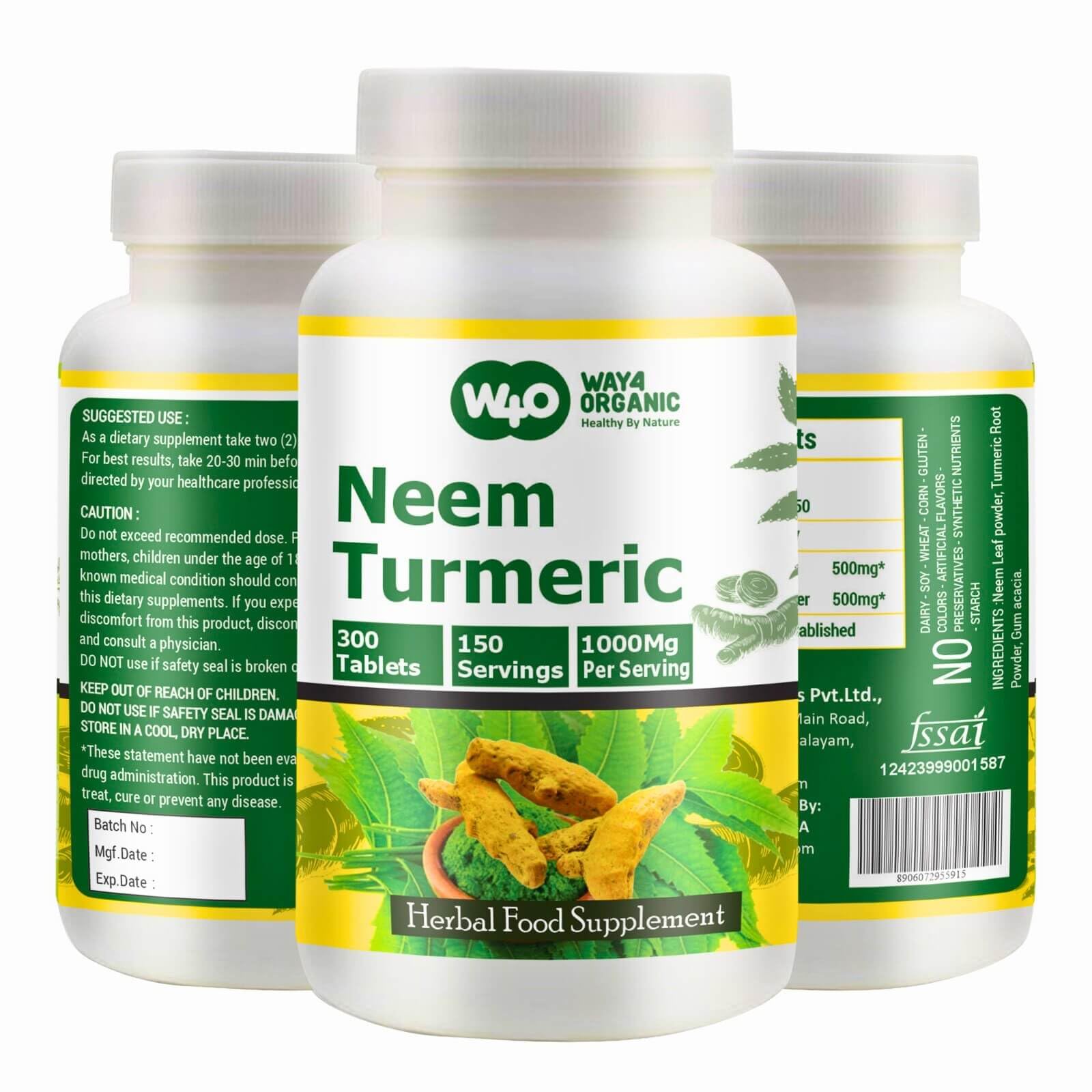 WAY 4 ORGANIC W4O Suplemento fitoterápico de Neem e Cúrcuma 1000 mg, 300 comprimidos